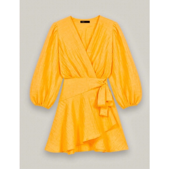 Maje Yellow Linen Blend Puff Sleeve Wrap Mini Dress Size EU36 XSmall（Size1） - Picture 4 of 8